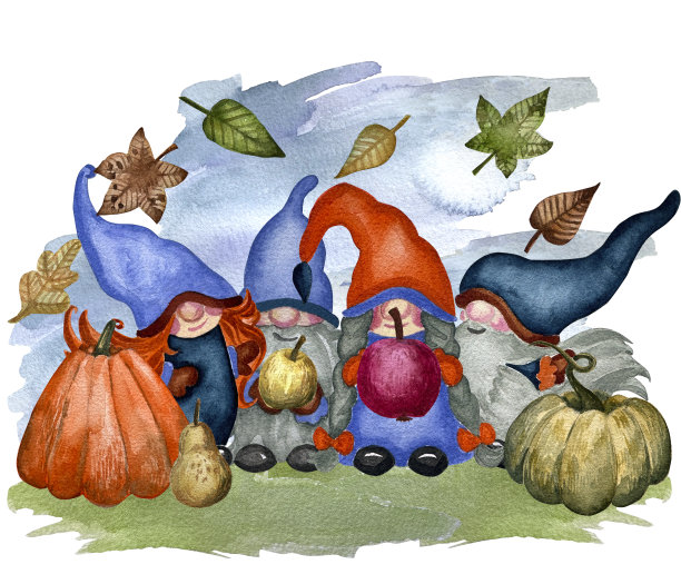 地精一家人用秋天的蔬菜收割。感恩节插图有侏儒、南瓜、枫叶、水果、蔬菜、鲜花。图片下载