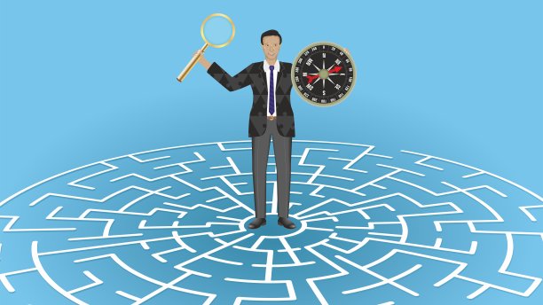 男子在迷宫游戏中，带着放大镜和指南针等工具来帮助他找到正确的道路。维16:9。矢量插图。图片下载