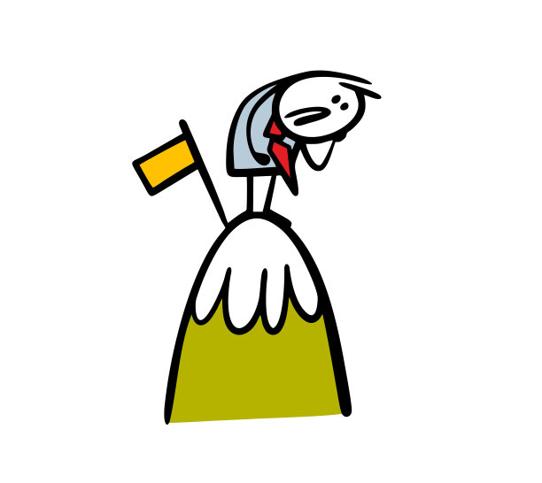 悲伤的商人站在山顶上，惊恐地往下看，不知道如何下去。矢量插图的旗帜和成就。图片下载