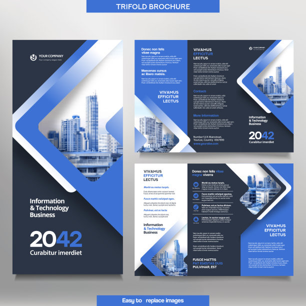 商业宣传册模板在三折叠布局。企业设计单张，可更换形象。图片下载
