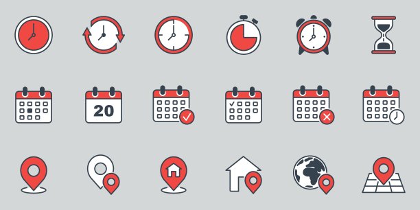 时钟，日历和位置图标矢量插图。图标设置在孤立的背景上。时间、日期和地址标志概念。图片下载