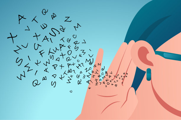 矢量插图的一个女人把她的手靠近耳朵，仔细听字母飞进来图片下载