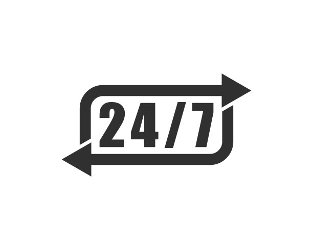 24/7服务每天24小时开放，每周7天图标。店铺支持标志符号标志按钮。矢量插画图像。孤立在白色背景上。图片下载