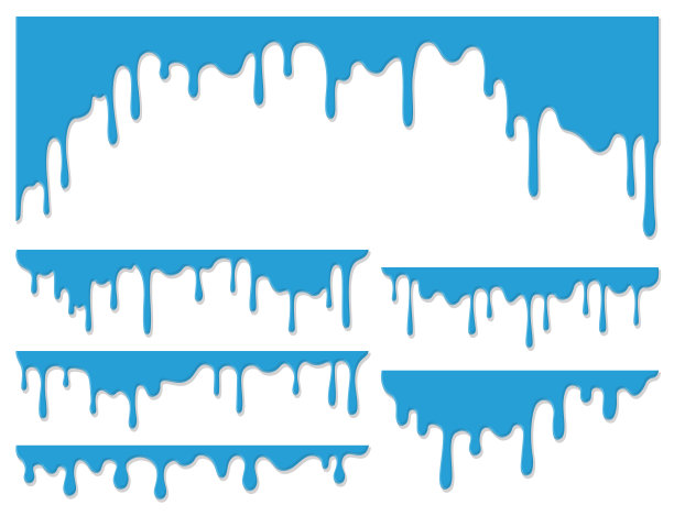 蓝色滴液或流动液体横幅套装。油漆滴在白色的背景上。融化的边界收集在卡通平面风格。图片下载