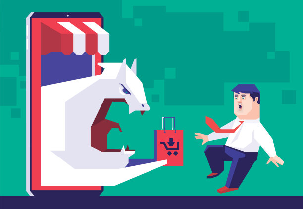 惊讶的男子在智能手机上网购时遇到了白色怪物图片下载