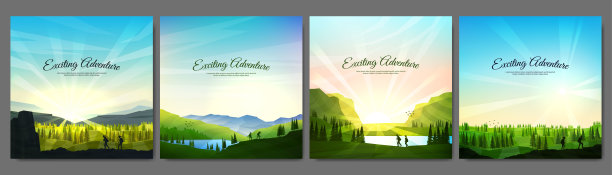 矢量景观设置。发现、探索和观察自然的旅游理念。徒步旅行。探险旅游。人们爬到山顶去徒步旅行。社交媒体、卡片的设计元素。图片下载