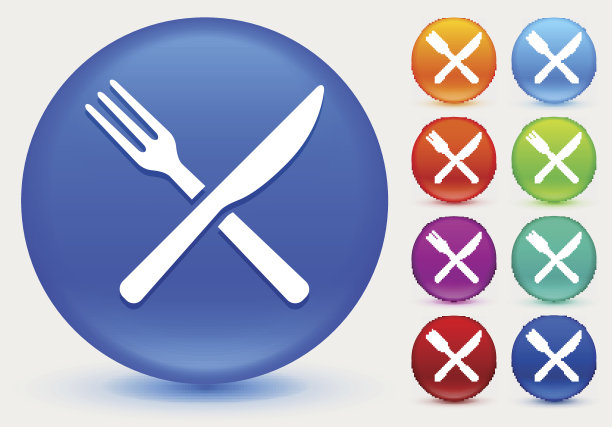 叉子和刀的图标在闪亮的颜色圆圈按钮图片下载