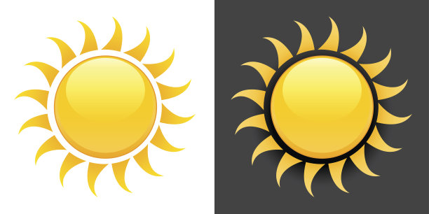 黄色夏季太阳矢量图标在黑色和白色的背景。图片下载