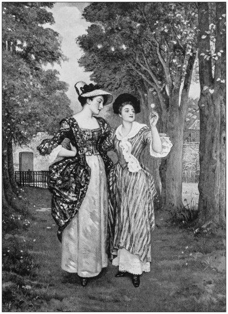 古董画作照片：户外行走的妇女图片下载