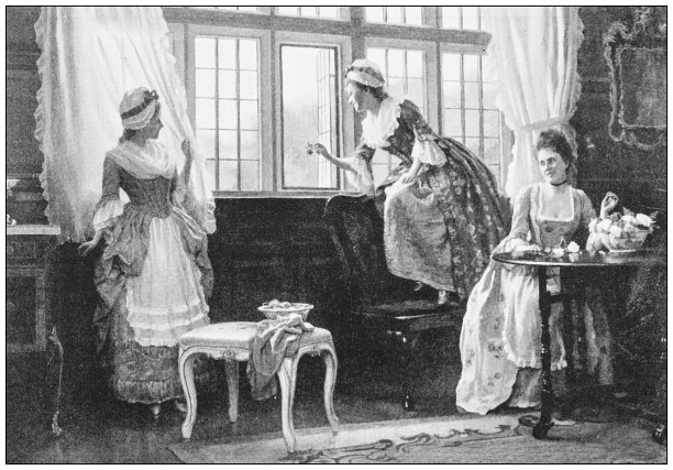 画作的古董照片：室内女性图片下载