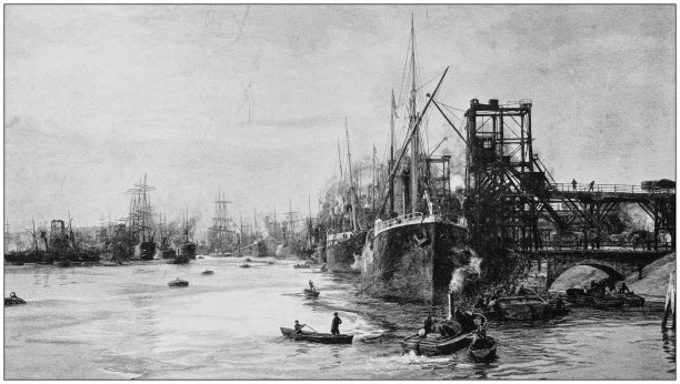 古董画照片:码头上的船图片下载