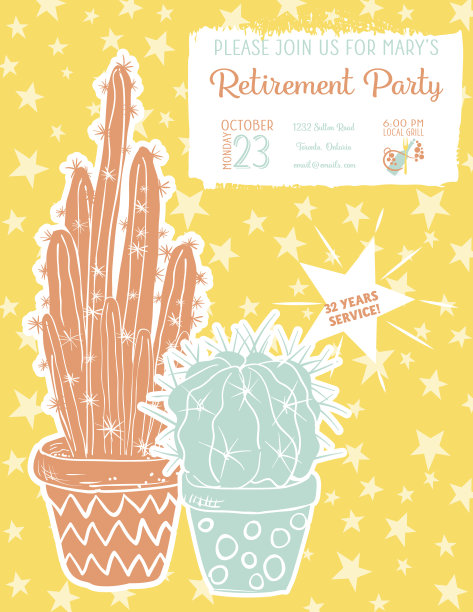 可爱的手绘仙人掌退休派对邀请模板图片下载