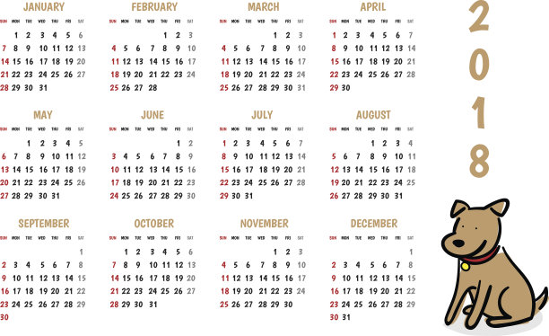 2018狗新年矢量日历，可爱的涂鸦卡通风格，节日活动策划，周开始周日图片下载