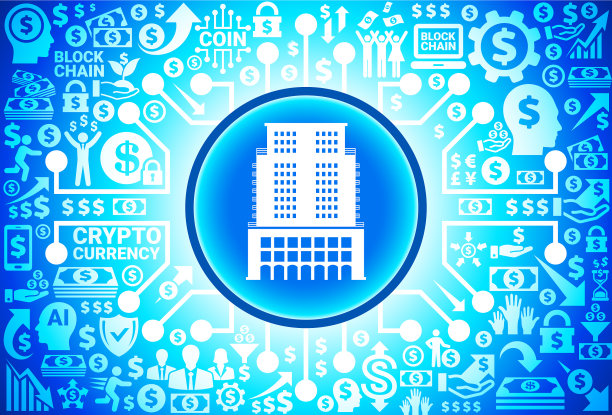 货币和加密货币背景上的摩天大楼图标图片下载