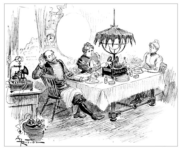 古董科学雕刻插画:晚餐与电灯(科幻小说)图片下载