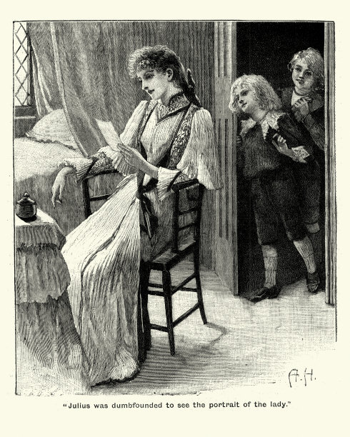 维多利亚时代的一个年轻女人在看一张照片图片下载