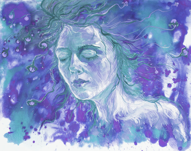 时尚的夏季插画印象主义风格的现代艺术我的原画水彩画在纸上的一个美丽的睡觉的女人闭着眼睛图片下载