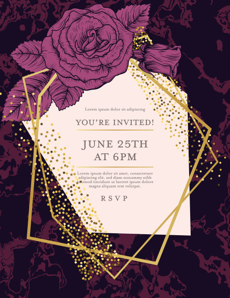 深紫色大理石背景与玫瑰和黄金装饰几何框架图片下载