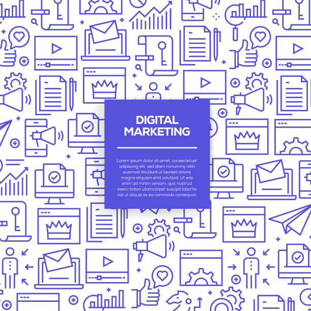 矢量集设计模板和元素的数字营销的潮流线性风格-无缝模式与线性图标相关的数字营销-矢量图片下载
