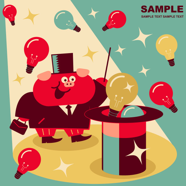 可爱的猪商人挥舞着魔法棒，创意灯泡飞出魔术帽子图片下载