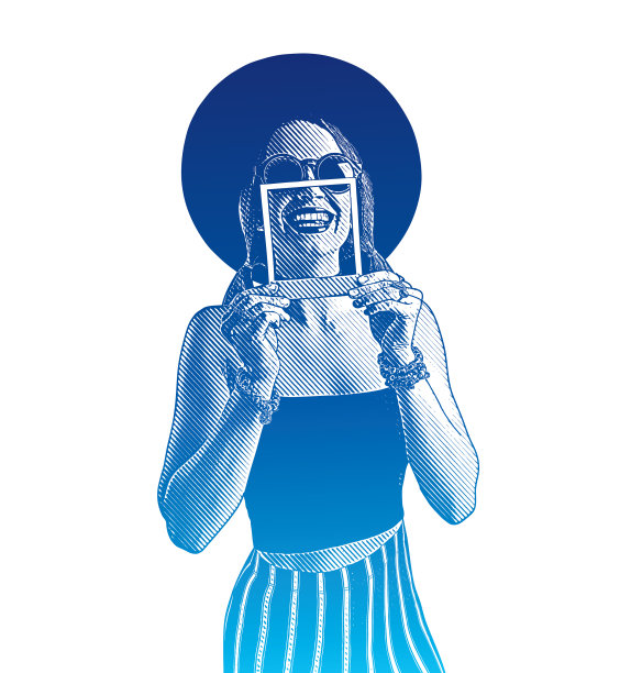 年轻女子与即时照片相框微笑图片下载