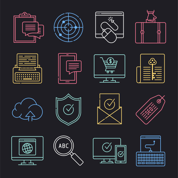 竞争客户目标霓虹风格矢量图标集图片下载