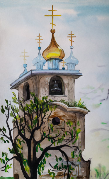 时尚的插画现代艺术作品我的原画与水彩画在纸上印象派垂直建筑历史景观纪念碑乌克兰巴洛克东正教教堂在村庄撒旦图片下载