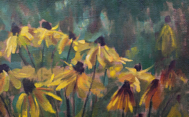 时尚的插画现代艺术作品花我的原始油画在画布上印象派水平的夏季景观盛开在一个床上的鲁德贝克亚在绿色的草的茎和花蕾花园植物的叶子图片下载