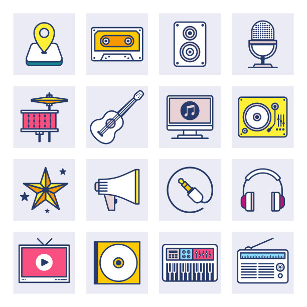 音乐流媒体服务平线风格矢量图标集图片下载