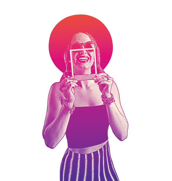 年轻女子与即时照片相框微笑图片下载