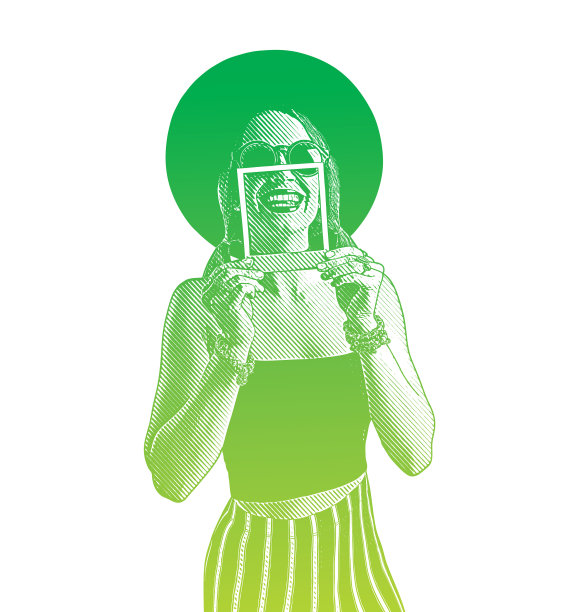 年轻女子与即时照片相框微笑图片下载