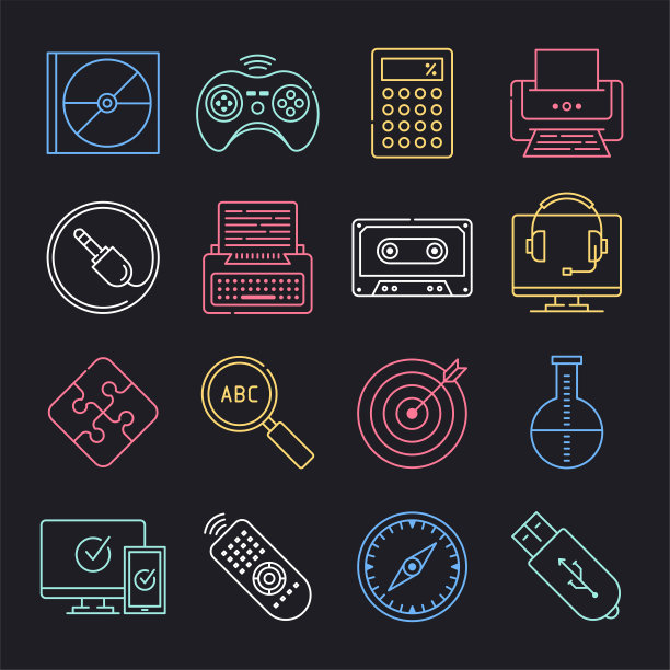 知识管理和E-learning霓虹灯风格矢量图标集图片下载