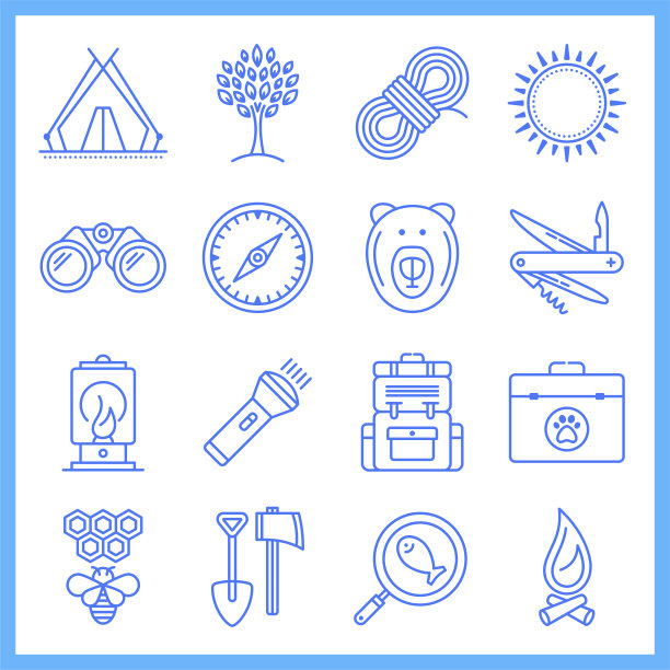 露营旅游体验蓝图风格矢量图标集图片下载
