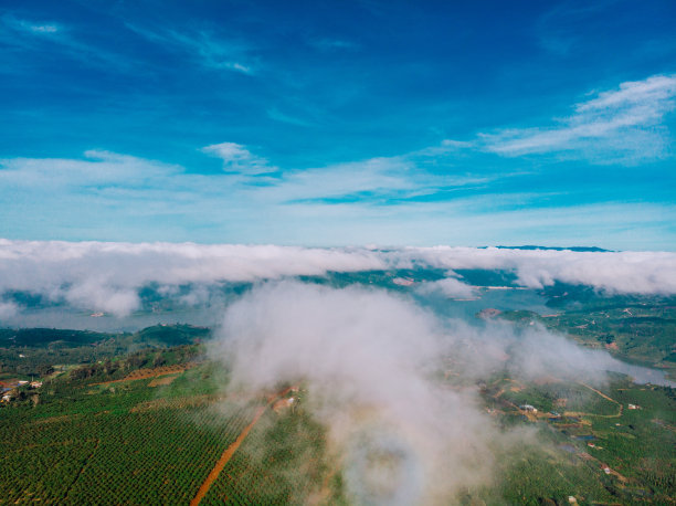 咖啡被雾覆盖的航拍照片，越南林河，林东的美丽风景，有湖，咖啡山，白雾覆盖咖啡山图片下载