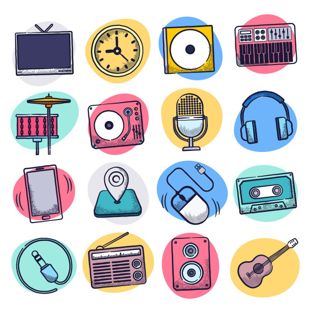 播放音乐和音乐视频液体涂鸦风格矢量图标集图片下载