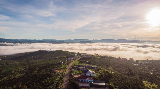咖啡被雾覆盖的航拍照片，越南林河，林东的美丽风景，有湖，咖啡山，白雾覆盖咖啡山图片下载