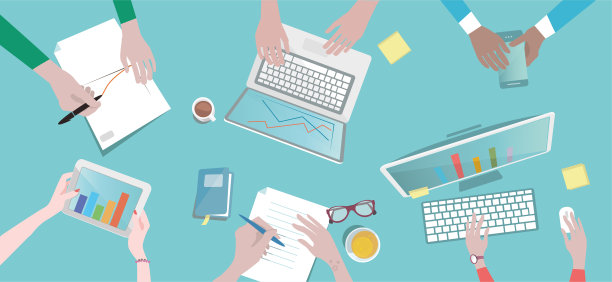 头顶插图的商务人士在桌子周围图片下载