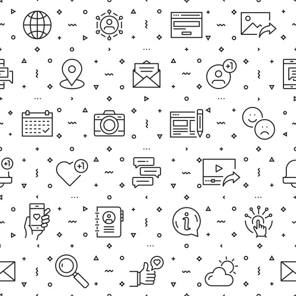 矢量集设计模板和元素的社交媒体在时尚的线性风格-无缝模式与线性图标相关的社交媒体-矢量图片下载