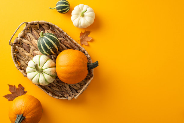 季节性聚会主题:俯视图照片，南瓜，南瓜，枫叶在柳条收获篮对橙色背景，完美的文字或广告图片下载
