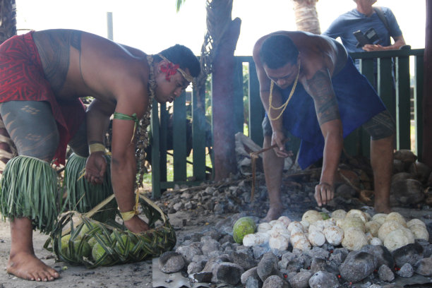 男人们在萨摩亚文化村忙着做饭。图片下载