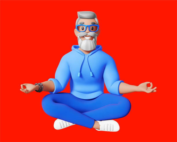 三维插图快乐的商人与灰色的头发，胡子和眼镜上的红色背景。人物角色的3d渲染设计，穿着蓝色的衣服，睁着眼睛，以瑜伽姿势坐着图片下载