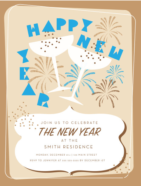 复古新年派对贺卡设计邀请与香槟酒杯图片下载