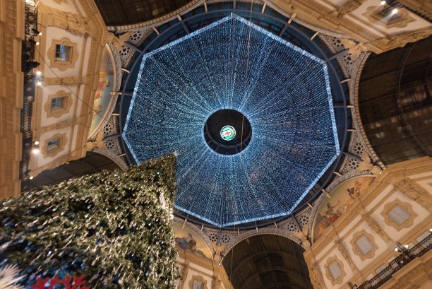 维托里奥·埃马努埃莱商业街的屋顶和树上挂着圣诞彩灯图片下载