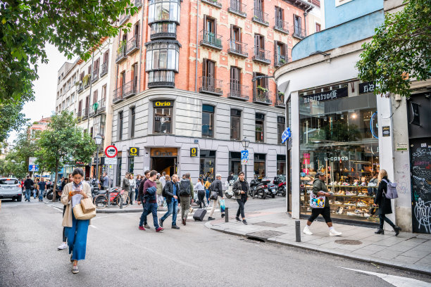 在马德里的Malasana社区，一名年轻女子在交通高峰期查看她的手机。图片下载