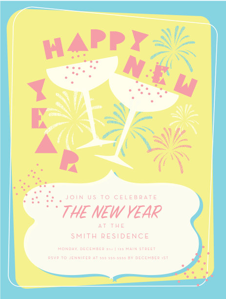 复古新年派对贺卡设计邀请与香槟酒杯图片下载