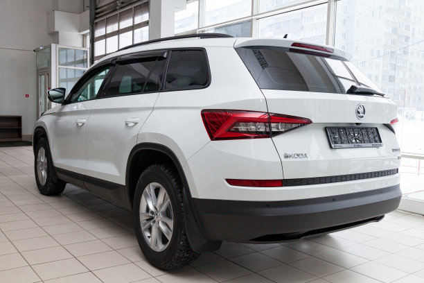 白色新斯柯达与后视图的汽车雪地停车后准备出售图片下载