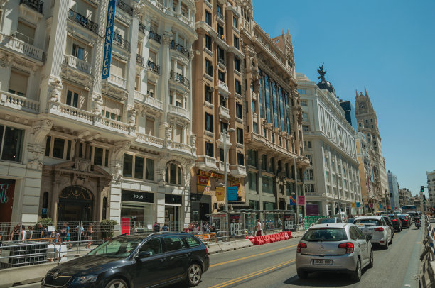 马德里繁忙街道上的建筑物，行人和汽车图片下载