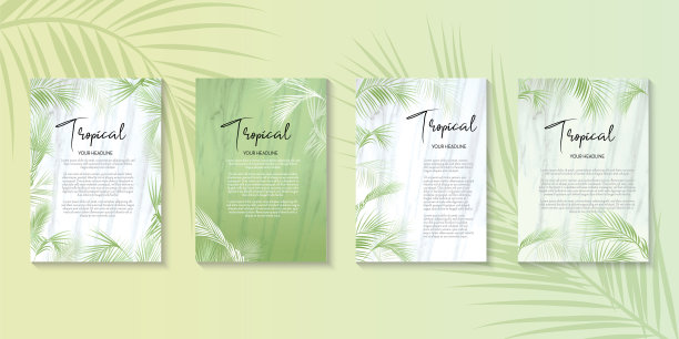 优雅的热带设计模板与大理石纹理和棕榈叶套四图片下载