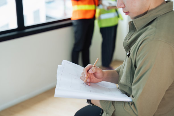 工程师或建筑师在建筑工地拿着铅笔绘制蓝图图片下载