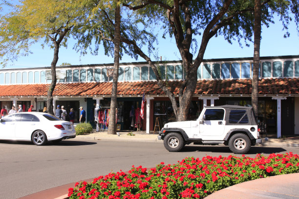 设计师时装商店的街景和充满天竺葵的花坛在斯科茨代尔AZ的第5大街区图片下载